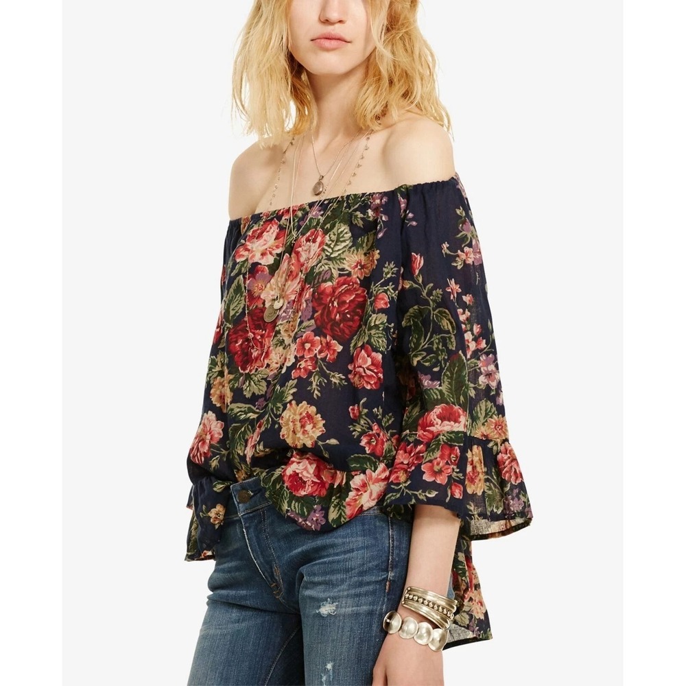 Denim & Supply Ralph Lauren Top Large Navy Floral Off Shoulder Ruffle Boho